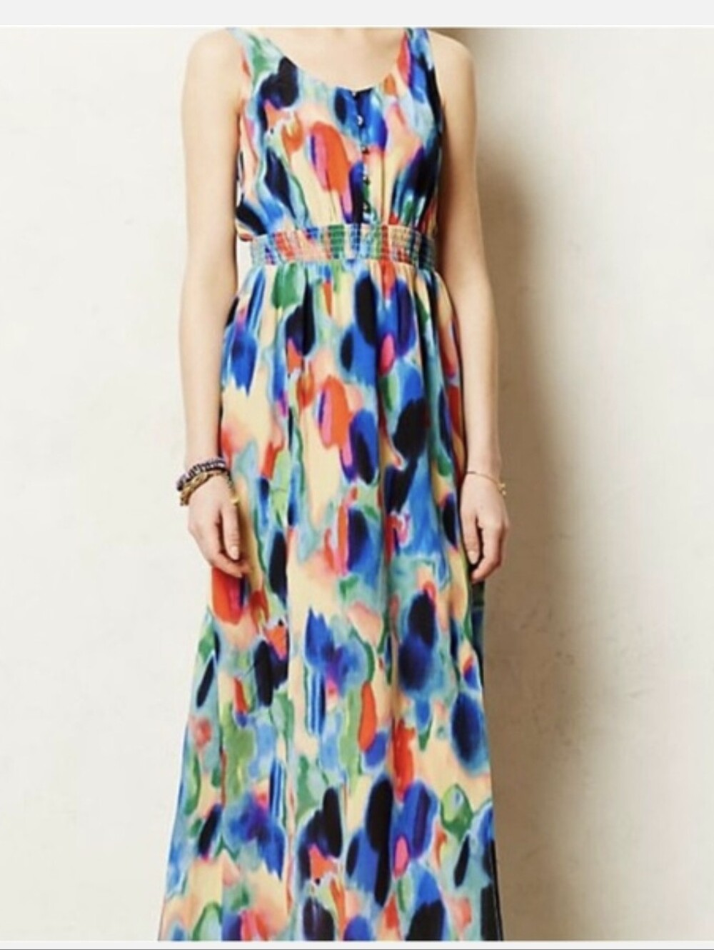 Anthropologie Maeve Aloisia 100% Silk Watercolor Maxi Dress Size 2